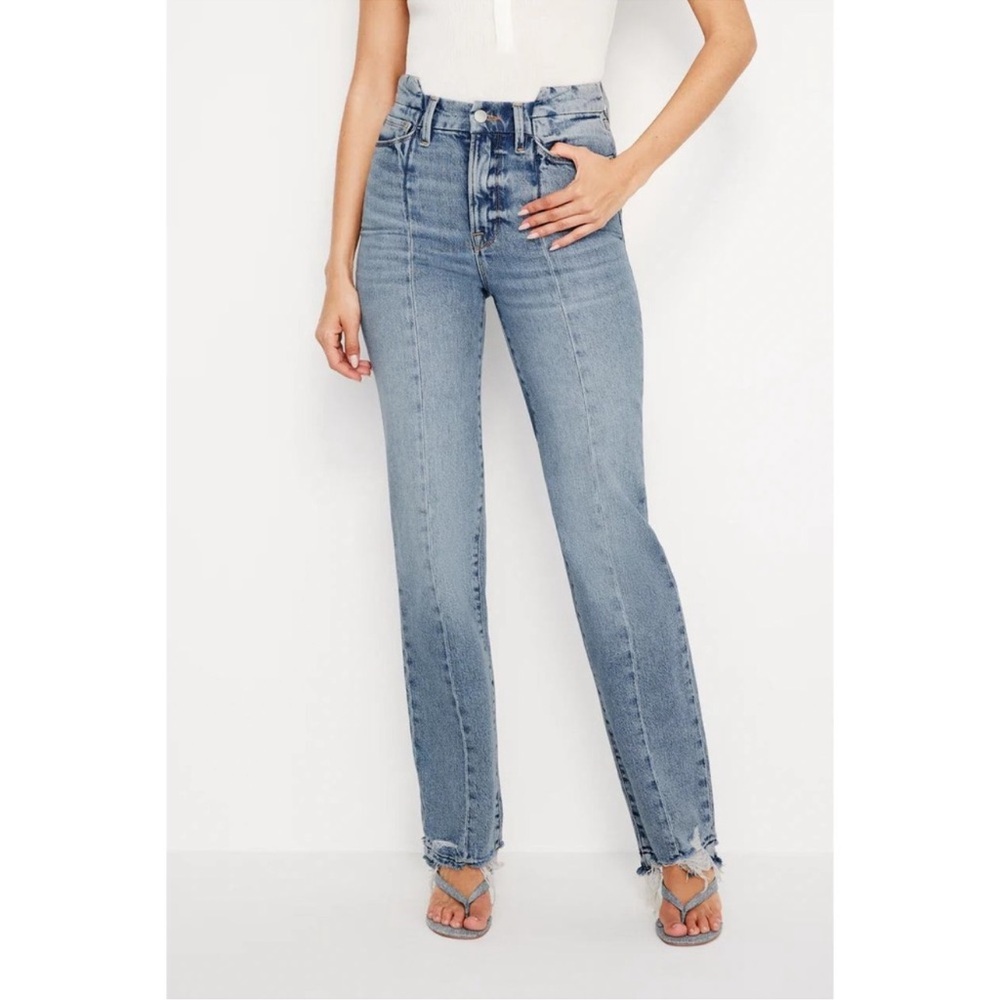 Good American Good Boy Straight Jeans Indigo678 Distressed Blue Size 6/28